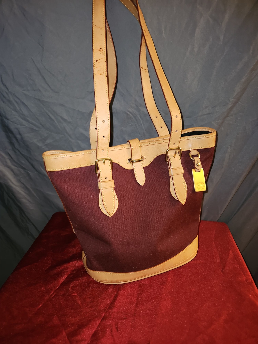 Dooney & Bourke Burgundy Canvas Shoulder Bag with Tan Leather Trim
